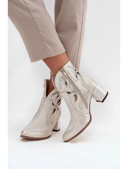 Skórzane Ażurowe Botki Damskie Na Słupku Zazoo 3647 Złoty Przecierany