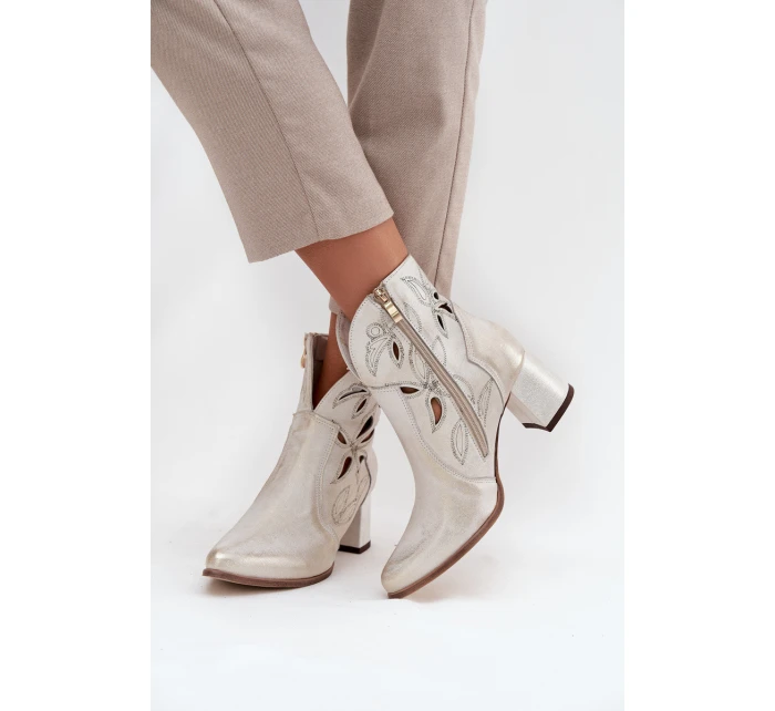 Skórzane Ażurowe Botki Damskie Na Słupku Zazoo 3647 Złoty Przecierany