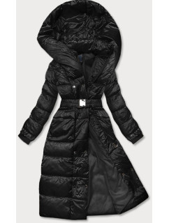 Čierna dlhá dámska bunda s opaskom (AG1-J9090)