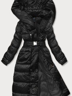 Čierna dlhá dámska bunda s opaskom (AG1-J9090)