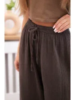 Mušelínové nohavice so širokými nohavicami hnedej farby