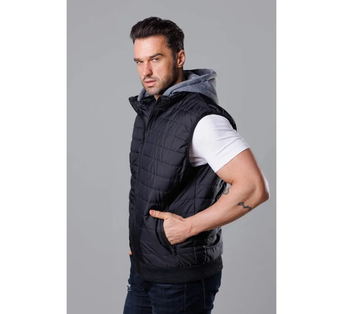 Čierna pánska prešívaná vesta s kapucňou (8M983-392)