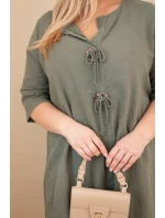 Dámske bavlnené šaty nadmernej veľkosti s kravatovým výstrihom Khaki