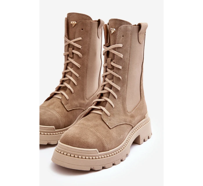 Zamszowe Damskie Botki Workery Sznurowane Beżowe Nicole 2836
