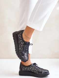 Zazoo 2973 Skórzane Półbuty Na Platformie Z Ażurowym Wzorem Czarne