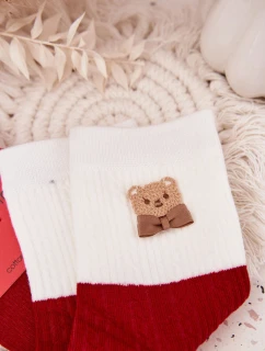 Dámske vianočné ponožky s medvedíkom a mašľou - červené