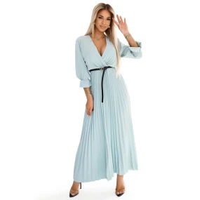 Plisované maxi šaty s výstřihem, páskem a 3/4 rukávy model 22155668 - numoco basic