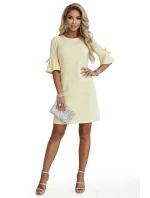 Dámské trapézové šaty s vázáním na rukávech pastelově žluté model 22022940 - numoco