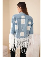 Dámska bavlnená džínsová bunda so strapcami a čipkou v boho štýle z ľahkého denimu