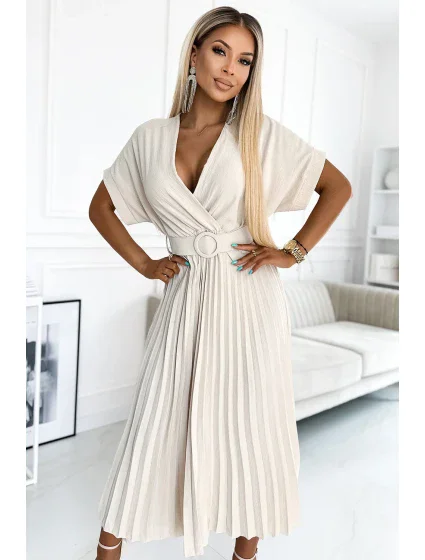 471-1 FELICIA Plisované midi šaty s výstrihom a širokým opaskom - BEACH