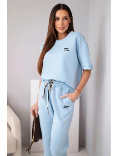 Dámsky viskózový maslový komplet s krátkym rukávom, nohavicami a rozšírenými nohavicami modrej farby
