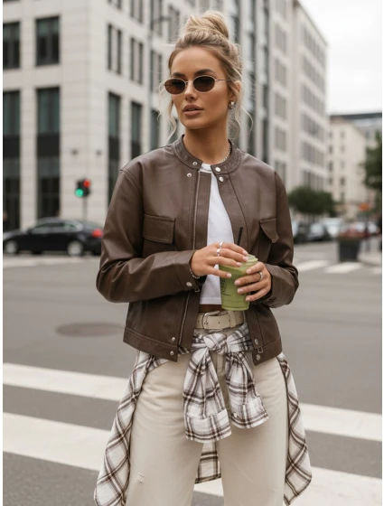 Hnedá dámska kožená bunda FashionStreet TY5540