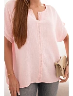 Dámská bavlněná oversize halenka s V výstřihem a krajkou candy pink Dámská bavlněná oversize halenka s V výstřihem a krajkou candy pink