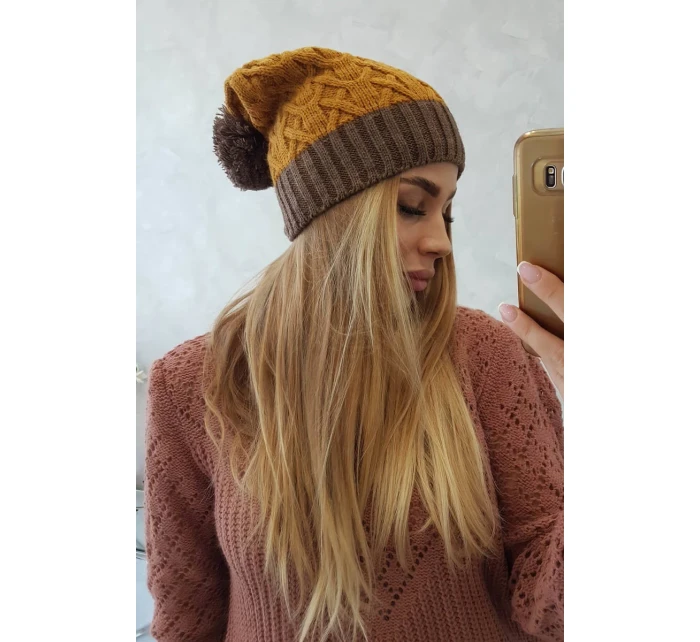 Fleecová čiapka Bibiana K264 mocca+mustard