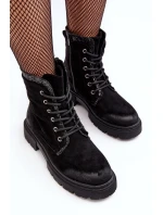 Zdobione Botki Workery Damskie Na Suwak Czarne Santelia Zdobione Botki Workery Damskie Na Suwak Czarne Santelia