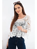 Dámsky bavlnený sveter s krátkym rukávom azura s ozdobným vzorom biely