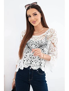 Dámsky bavlnený sveter s krátkym rukávom azura s ozdobným vzorom biely