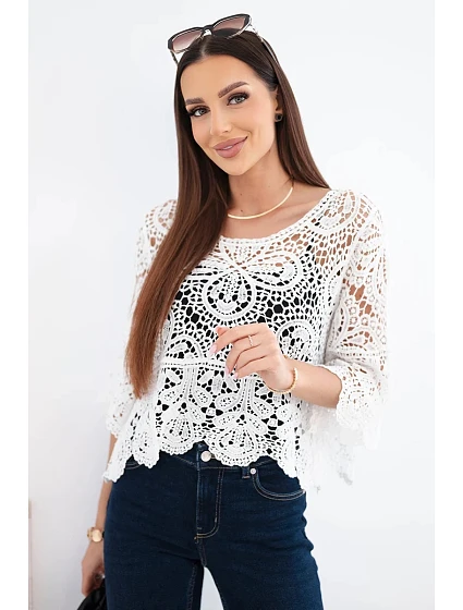 Dámsky bavlnený sveter s krátkym rukávom azura s ozdobným vzorom biely