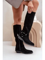 Semišové Kozačky Kovbojky Na Nízkém Podpatku S Dekorací model 21680168 Černé - Zazoo