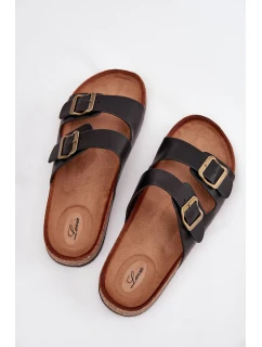 Dámske papuče na korkovej platforme s prackami - čierne