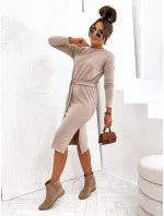 Béžové dámské midi šaty s páskem model 20302456 - Moon Béžové dámské midi šaty s páskem model 20302456 - Moon