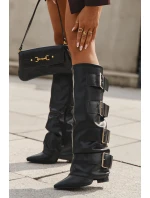 Kozaki Damskie Na Słupku Z Wywiniętą Cholewką I Złotymi Klamrami Czarne Isavelle Kozaki Damskie Na Słupku Z Wywiniętą Cholewką I Złotymi Klamrami Czarne Isavelle