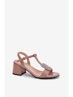 Skórzane Lakierowane Sandały Damskie Na Słupku Z Ozdobą Vinceza 91134 Beżowe