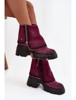 Skórzane Botki Damskie Z Wywiniętą Cholewką Maciejka 07145-23 Bordowe