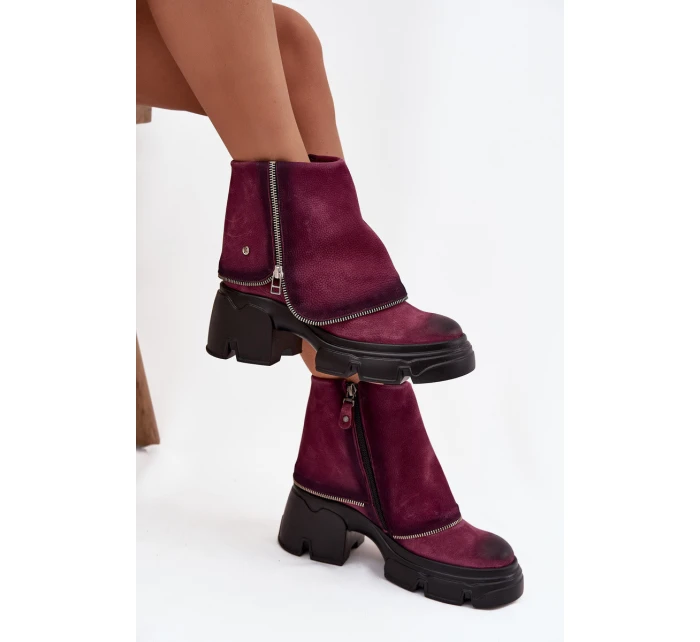 Skórzane Botki Damskie Z Wywiniętą Cholewką Maciejka 07145-23 Bordowe