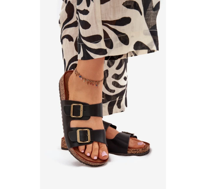 Dámske papuče na korkovej platforme s prackami - čierne