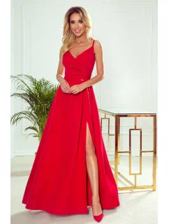 299-1 CHIARA elegantné dlhé maxi šaty bez ramienok - ČERVENÉ