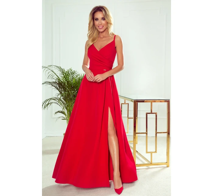 299-1 CHIARA elegantné dlhé maxi šaty bez ramienok - ČERVENÉ