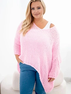 Dámský svetr oversize s výstřihem do V a delším zadním dílem růžová model 22293708 - K-Fashion
