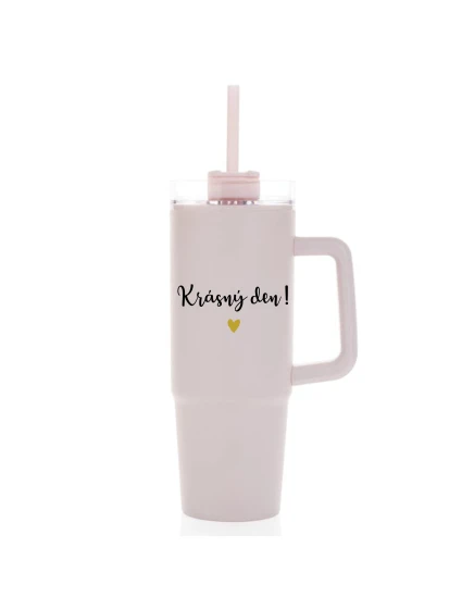 KRÁSNÝ DEN - růžový cestovní termohrnek s průhledným víčkem 900 ml