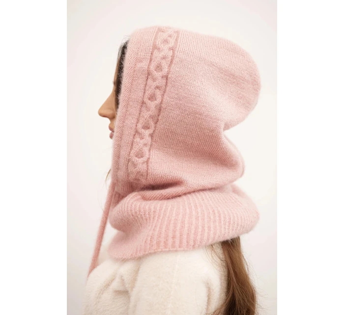 Dámska čiapka s kapucňou s pleteným vzorom s kravatou púdrovo ružová Dámska čiapka s kapucňou s pleteným vzorom s kravatou púdrovo ružová