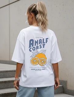 Dámske tričko oversize s potlačou na chrbte, biele, FashionStreet NX9501RY