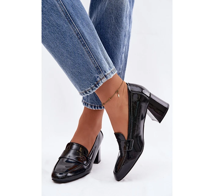 Kožené Lakované Dámské Lodičky na Podpatku Vinceza 18119 Černé