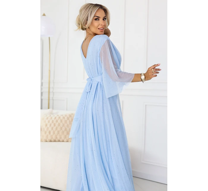 Dlhé trblietavé plus size šaty 654-3 modré - Numoco