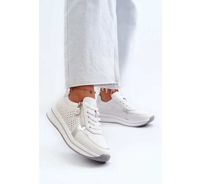 Damskie Skórzane Sneakersy Na Platformie Białe Ligustra