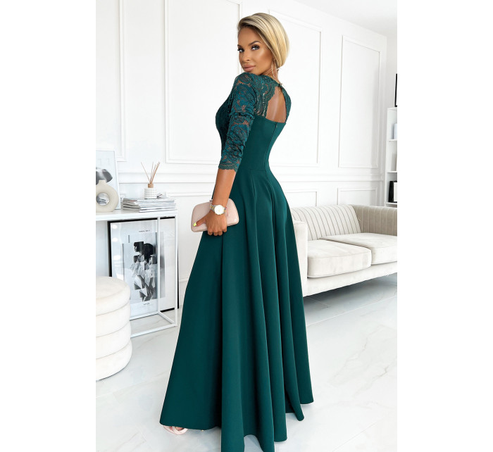 Elegantné dlhé šaty s čipkovým výstrihom Numoco AMBER - zelené
