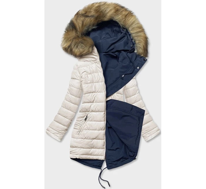 Dámska obojstranná zimná bunda tmavomodrá a béžová (2M-21508)