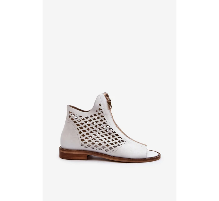 Zazoo 977/L Skórzane Ażurowe Sandały Na Zamek Białe