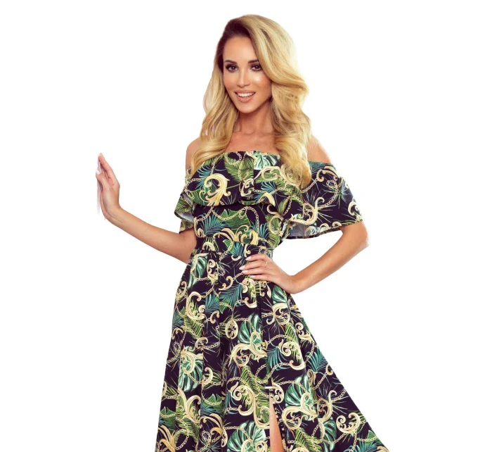 Dlouhé dámské šaty se výstřihem a vzorem zelených listů a model 8224464 - numoco