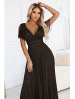 635-4 MELANIA dlhé lesklé šaty s výstrihom a krátkymi rukávmi - čokoládové