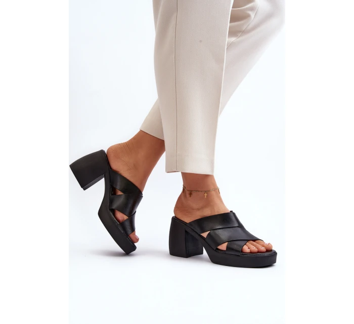Zazoo 40373 Skórzane Klapki Na Klocku Czarne