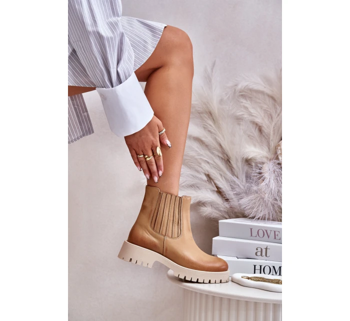 Wsuwane Botki Damskie Na Płaskim Obcasie Skórzane Lewski 3611 Brązowe