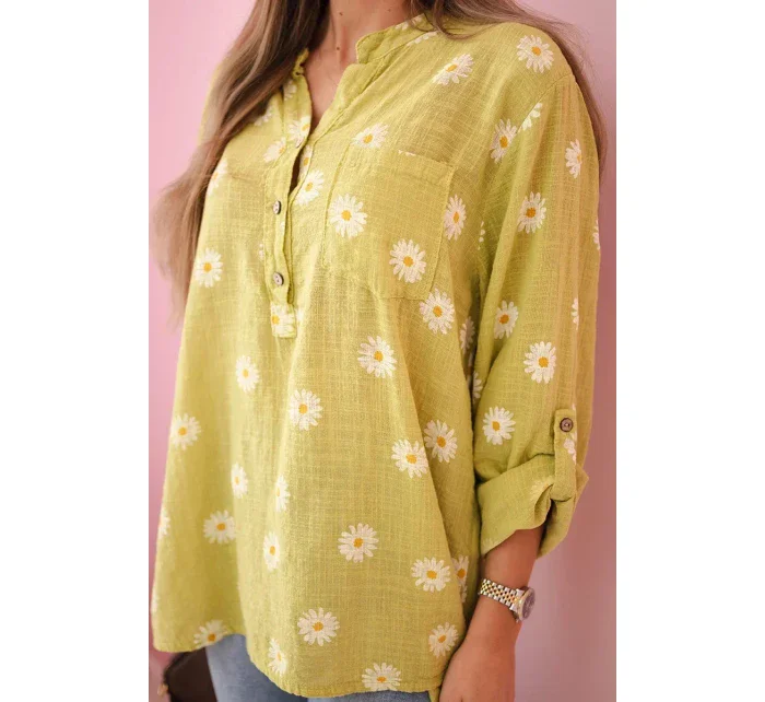 model 20949139 dámská halenka s květinovým vzorem, dlouhými rukávy a knoflíky kiwi - K-Fashion