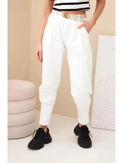 Dámske bavlnené nohavice s vysokým pásom a opaskom ecru