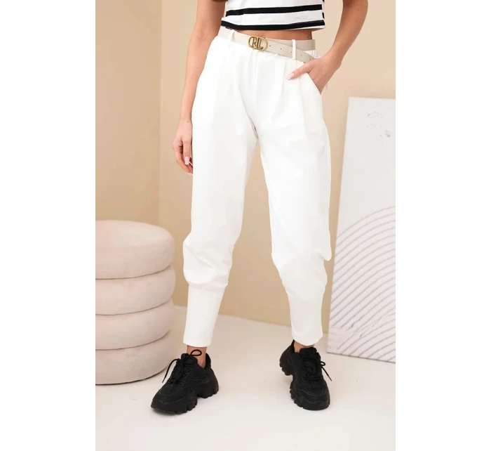 Dámske bavlnené nohavice s vysokým pásom a opaskom ecru