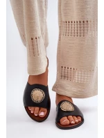 Zazoo 2938 Skórzane Klapki Na Płaskim Obcasie Z Ozdobą Czarne Zazoo 2938 Skórzane Klapki Na Płaskim Obcasie Z Ozdobą Czarne